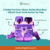 Front view of dual-drink blue bear bottle, perfect for school hydration
