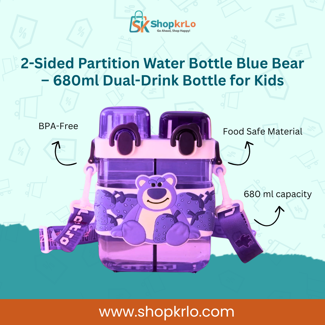 Front view of dual-drink blue bear bottle, perfect for school hydration