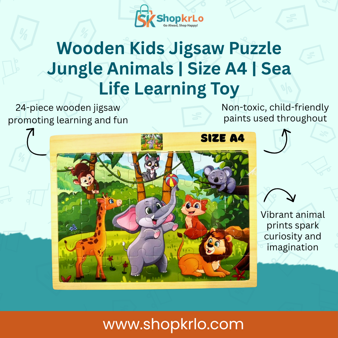 Wooden Kids Jigsaw Puzzle A4 board with bright animal artwork.