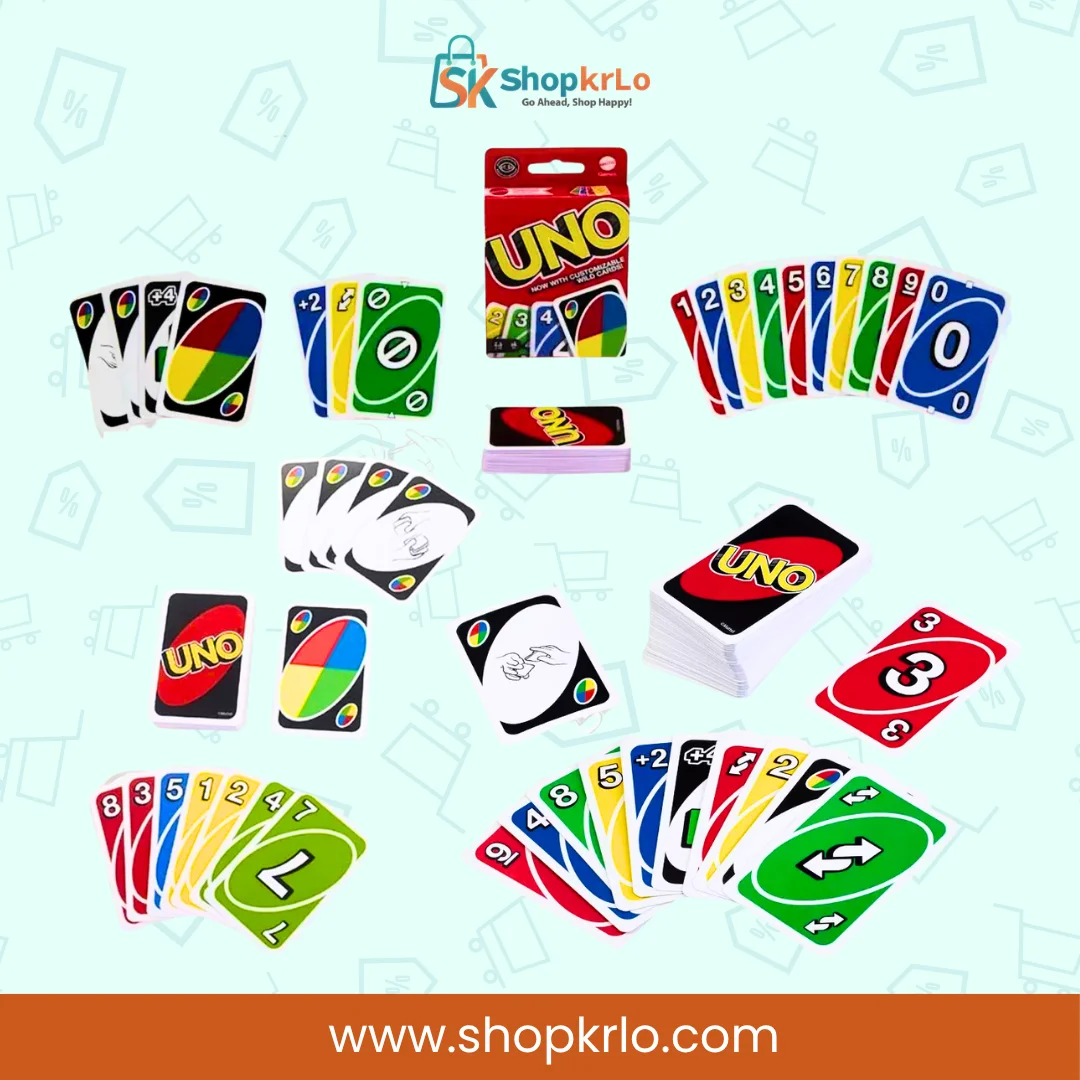 Complete UNO 108-card deck arranged with numbers and special action cards