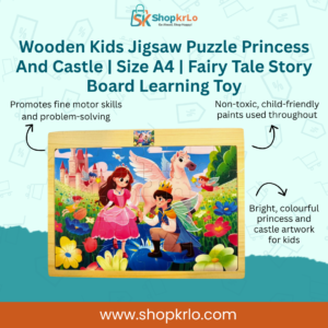 A4 wooden kids jigsaw puzzle showing princess and castle fairy tale scene