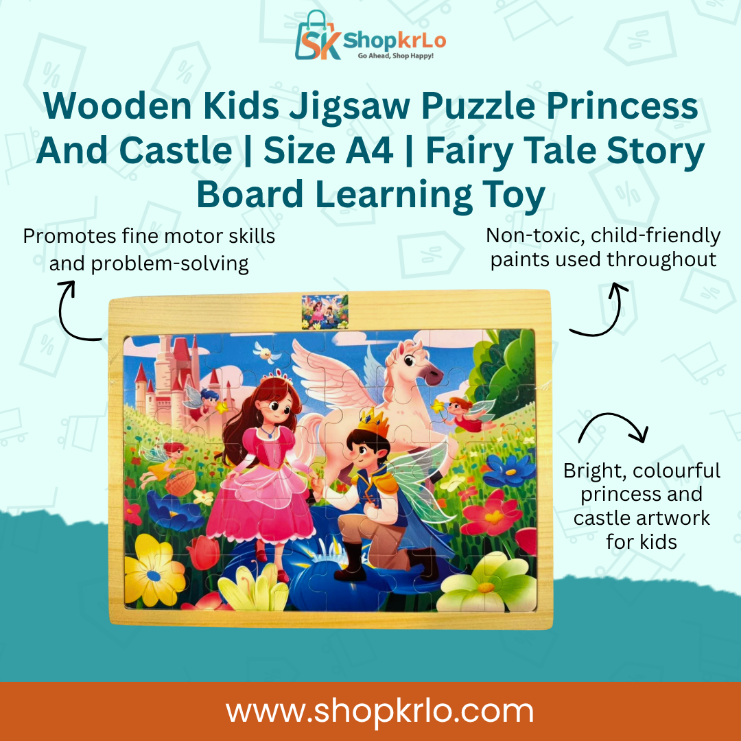 A4 wooden kids jigsaw puzzle showing princess and castle fairy tale scene