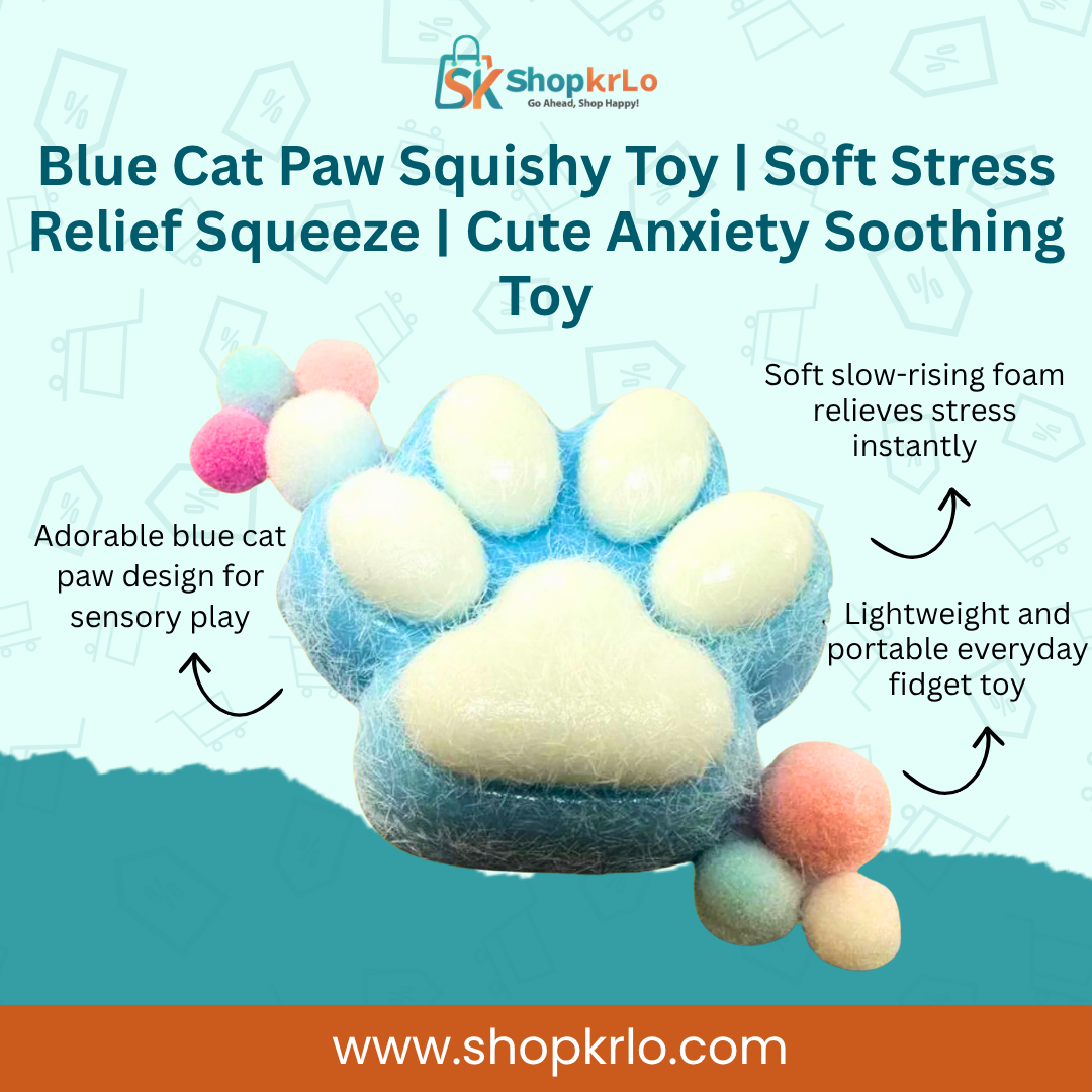 Blue cat paw squishy toy front view, cute soft stress relief squeeze.