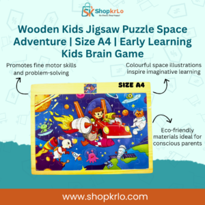 A4 wooden kids space adventure jigsaw puzzle board with colourful rocket scene
