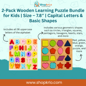 Two wooden boards showing capital letters and basic shapes for preschool learning