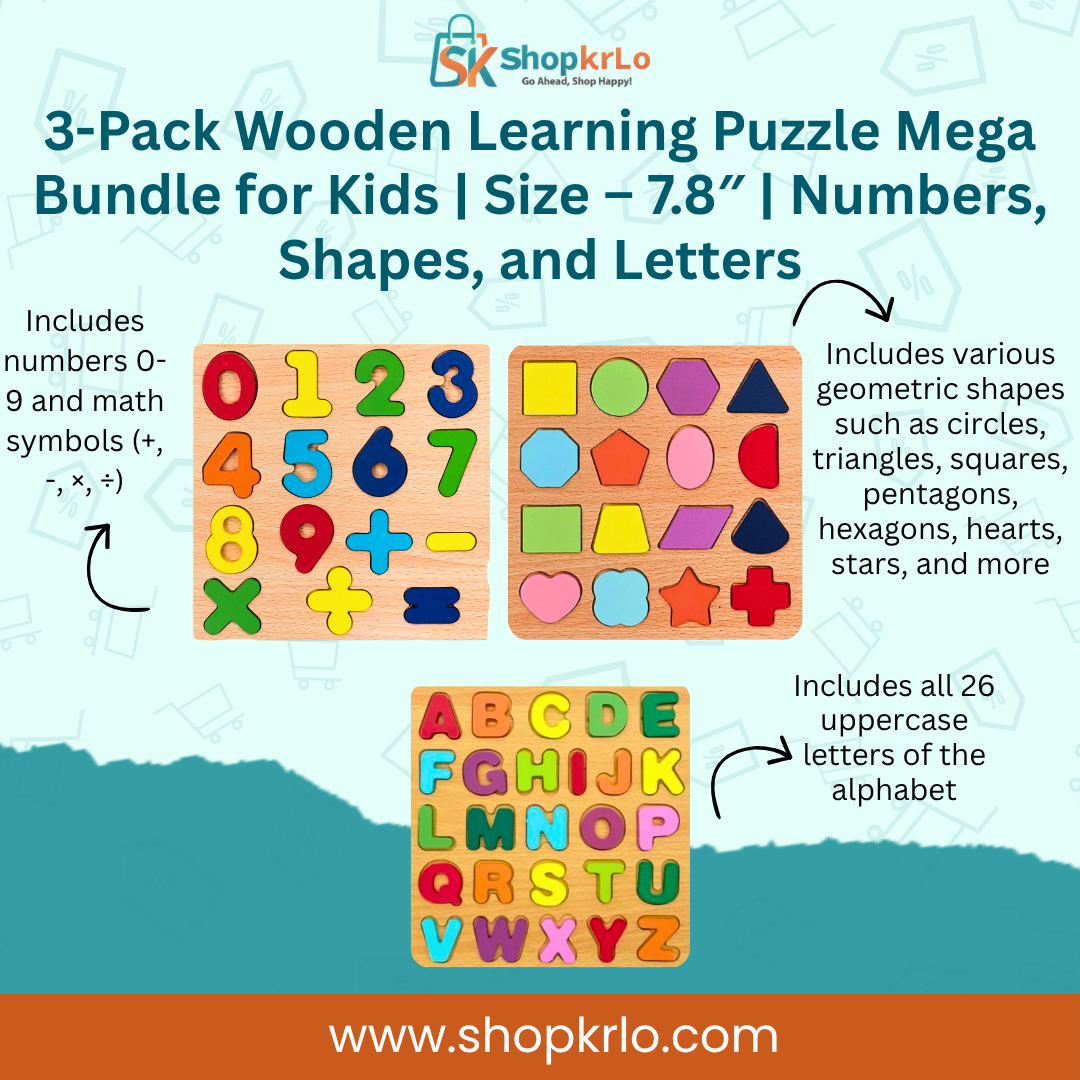 three wooden puzzle boards showing letters numbers and shapes for kids
