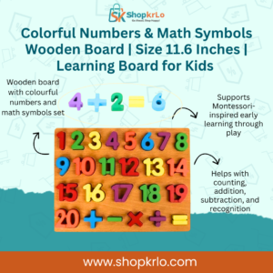 Front view of colourful numbers and maths symbols wooden learning board
