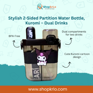 Front view of Kuromi dual drinks partition bottle for daily hydration