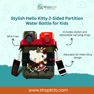 Front view of Hello Kitty dual partition water bottle for kids