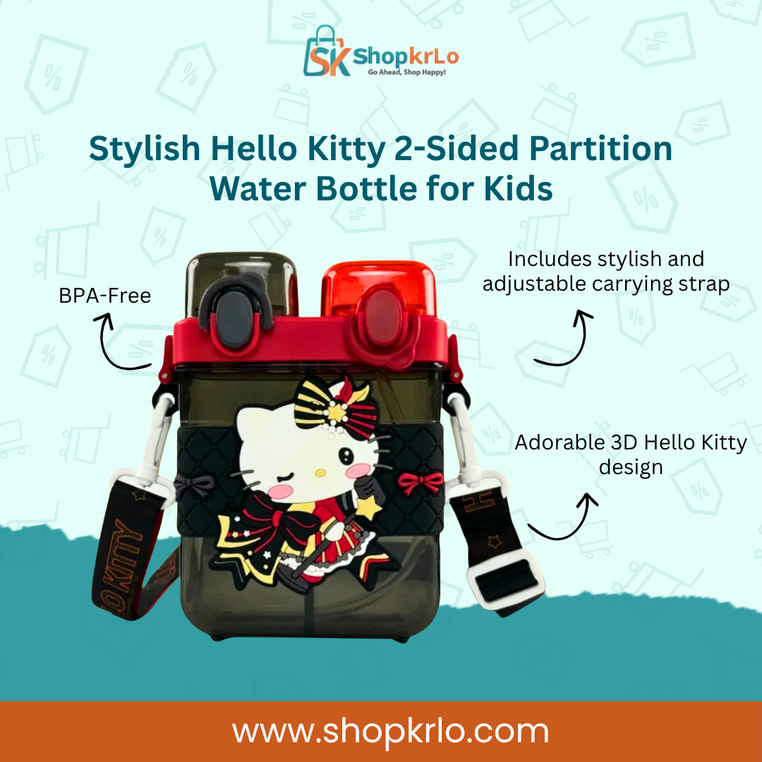 Front view of Hello Kitty dual partition water bottle for kids