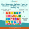 Wooden uppercase alphabet puzzle board showing A–Z slots for learning
