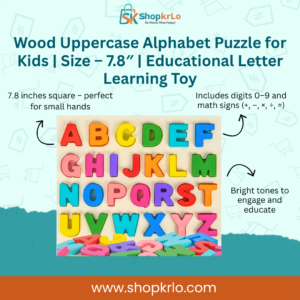 Wooden uppercase alphabet puzzle board showing A–Z slots for learning