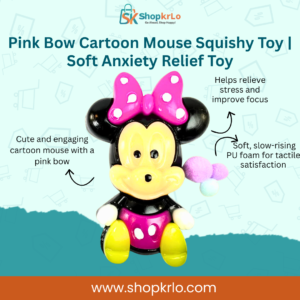 Pink Bow Cartoon Mouse Squishy Toy front view, cute stress relief squeeze.
