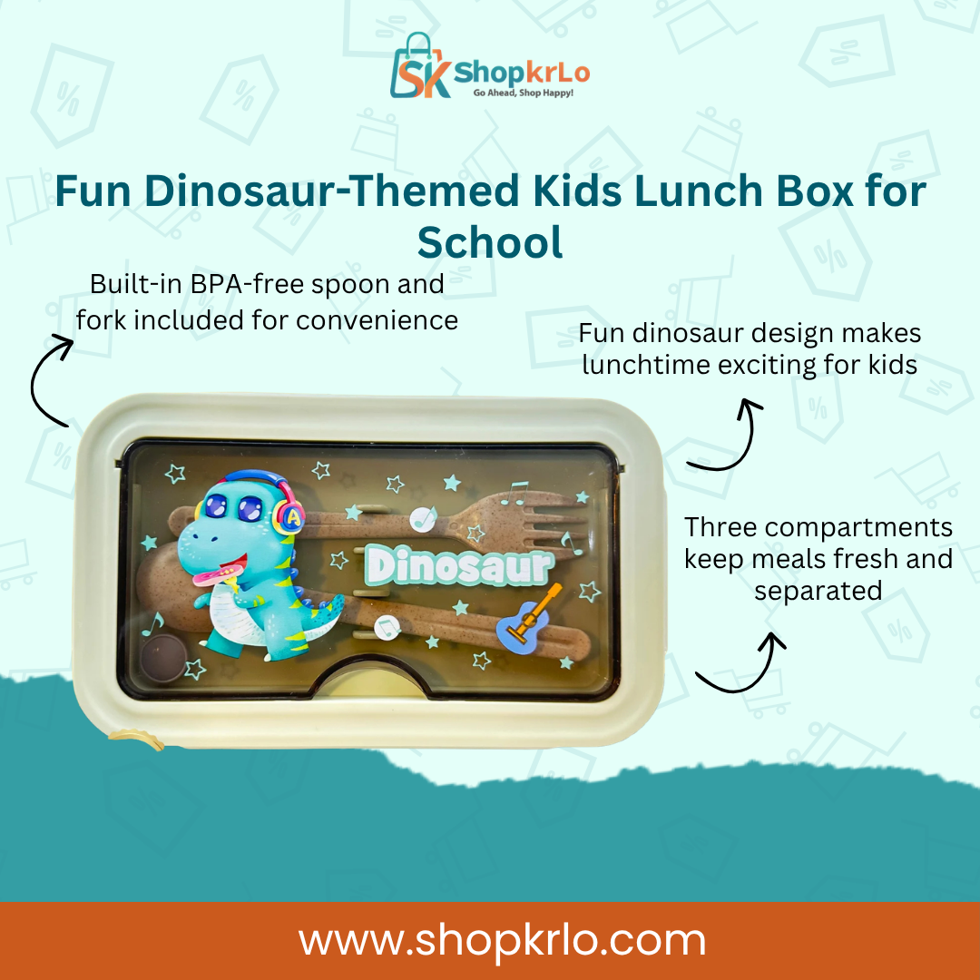 Fun dinosaur lunch box for school with secure clips and bright design