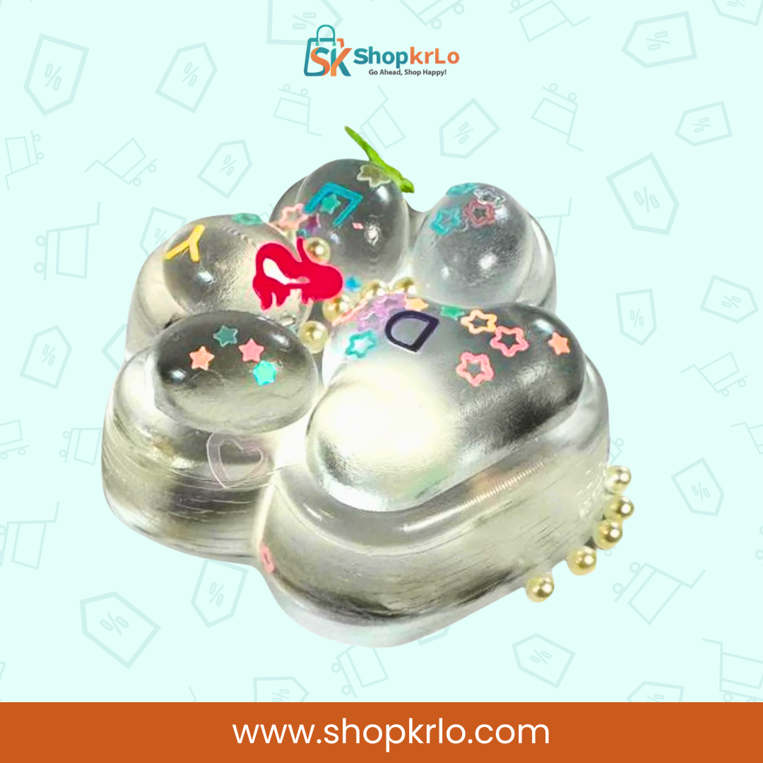 Side view of transparent cat paw squishy toy highlighting thickness and shape