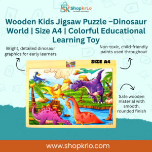 Front view of colourful dinosaur world A4 wooden kids jigsaw puzzle