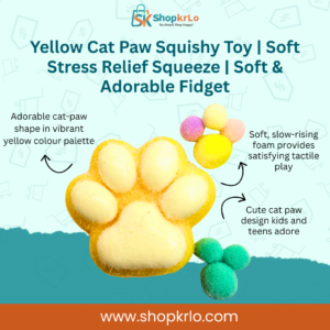 Yellow cat paw squishy toy front view, soft squeeze fidget for stress relief