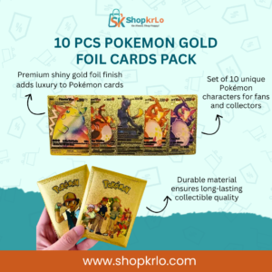 Front view of 10 PCS POKEMON GOLD FOIL CARDS PACK, shiny gold finish