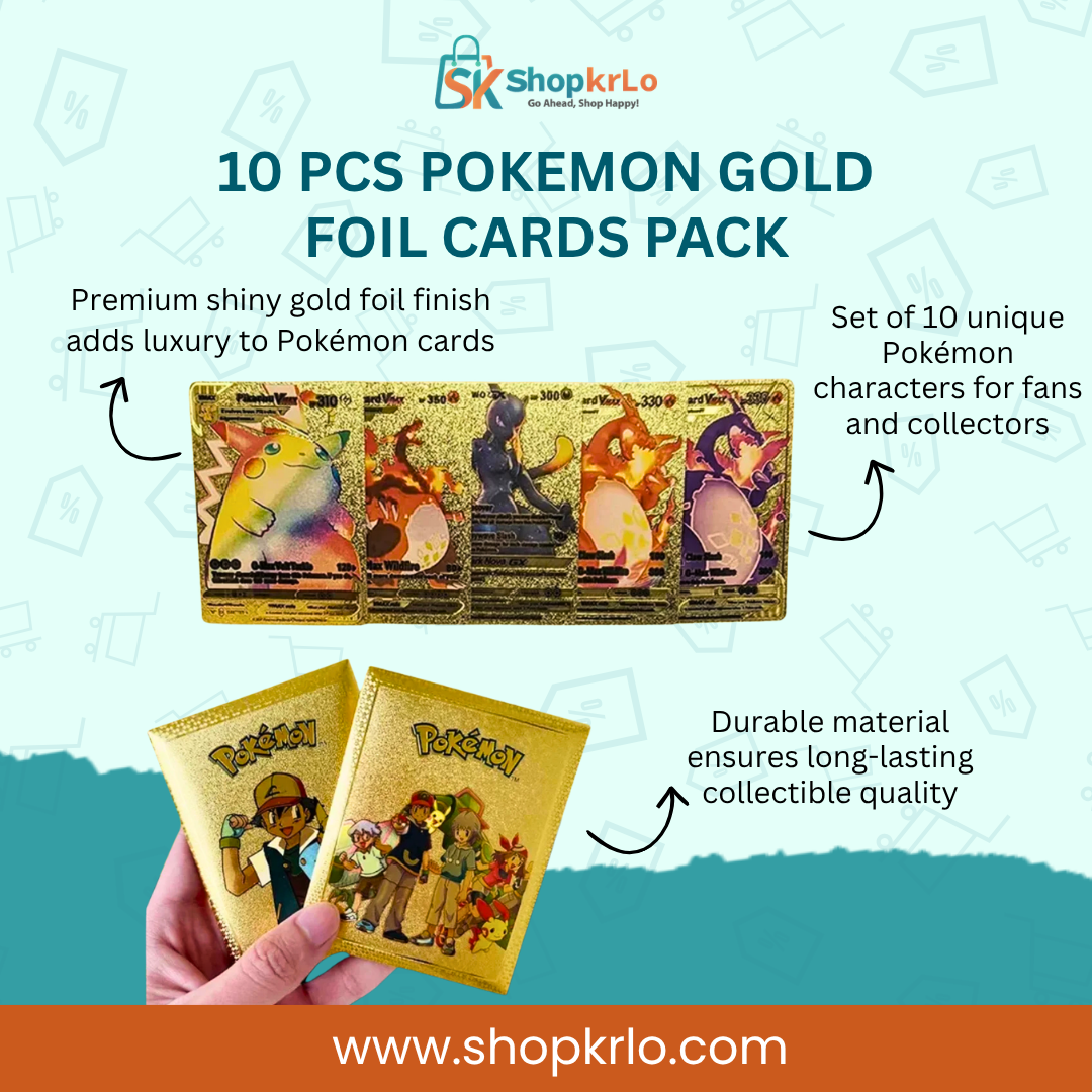 Front view of 10 PCS POKEMON GOLD FOIL CARDS PACK, shiny gold finish