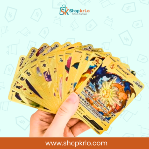 Gold foil cards pack held in hand showing metallic reflection and size