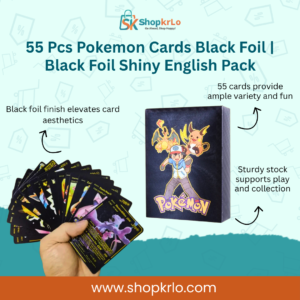 Front view of black foil shiny English Pokémon cards pack.