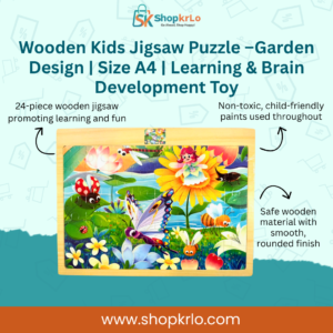 Wooden Kids Jigsaw Puzzle Garden Design A4 showing complete colourful garden scene.