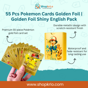 Front view of 55-piece golden foil Pokémon cards English pack