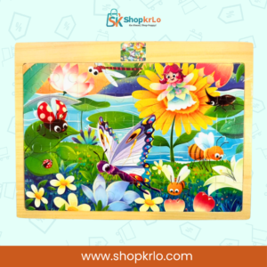 A4 wooden puzzle board with smooth edges and bright garden illustration.