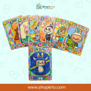 Children playing trading game with Labubu cards, indoor family fun.