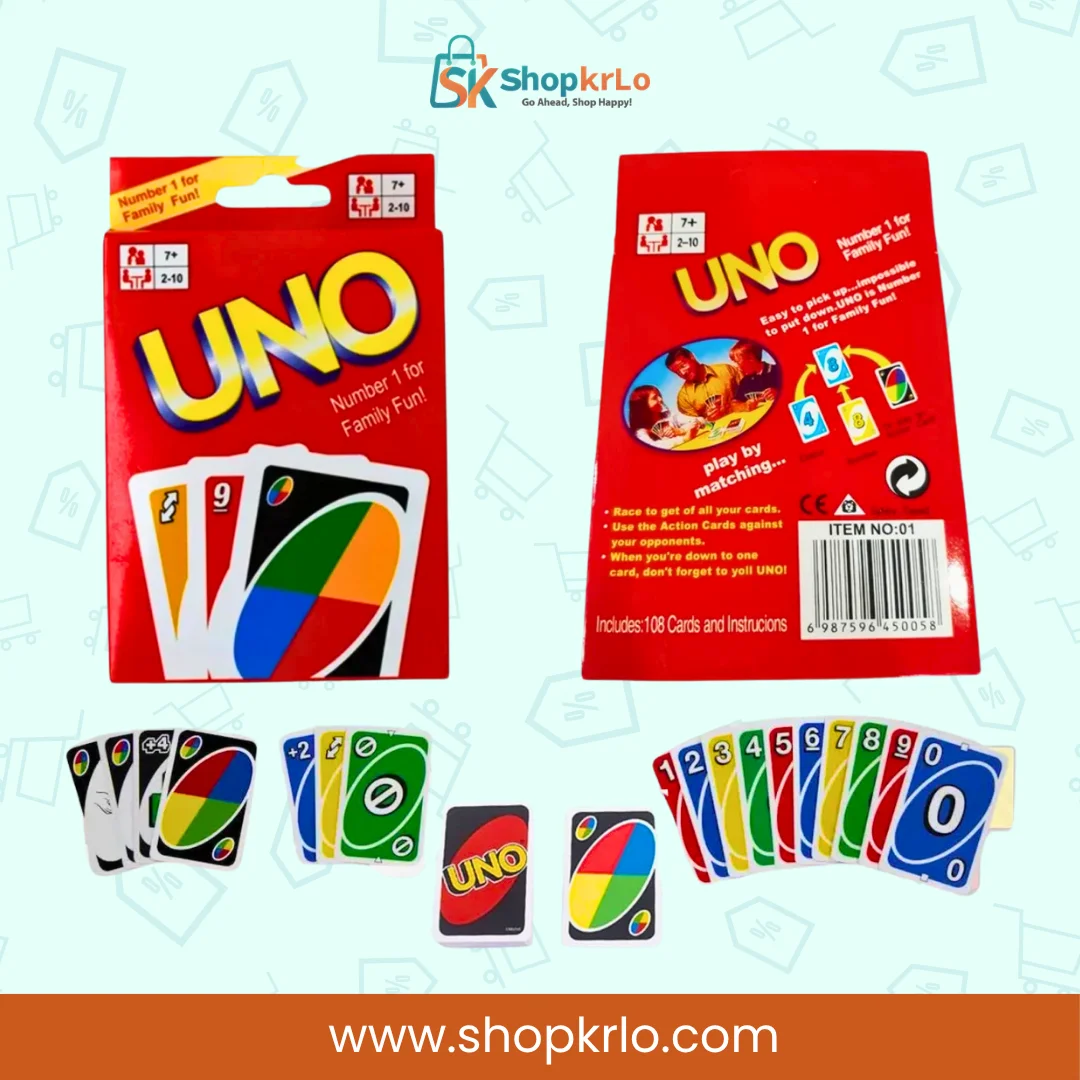 Back of UNO card game packaging showing instructions and deck details