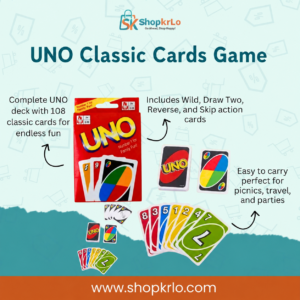 Front packaging of UNO Classic Cards Game with colourful action cards displayed