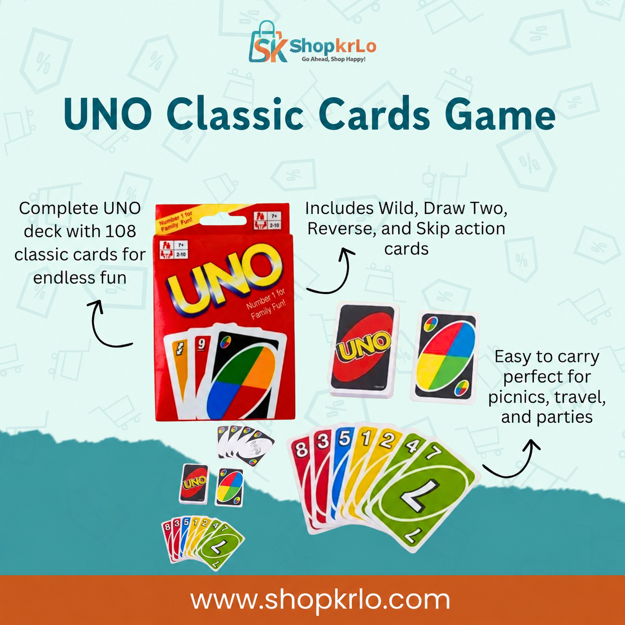 Front packaging of UNO Classic Cards Game with colourful action cards displayed