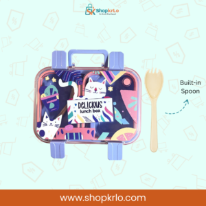 Cartoon Cat Kids Lunchbox displayed with included spoon for convenient school meals