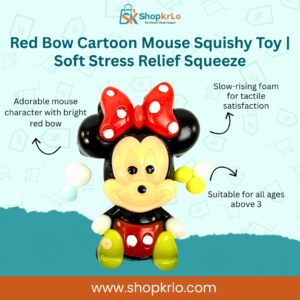 Front view of red bow cartoon mouse squishy toy, soft squeeze design.