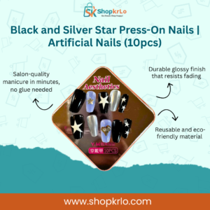 Black and silver star press-on nails set showing glossy finish and sparkle.