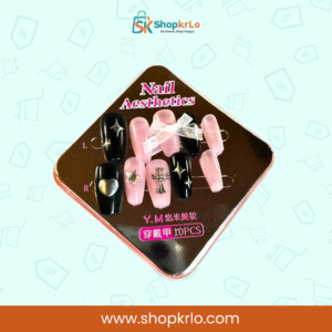 Close-up of Black Pink press-on artificial nails glossy finish and shape