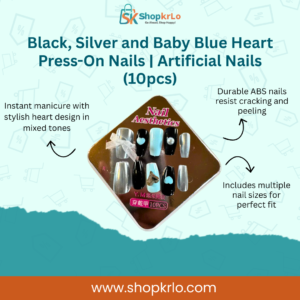 Black, silver and baby blue heart press-on nails set shown close-up.