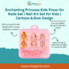 Front view of kids press-on nails set with cartoon and bow designs
