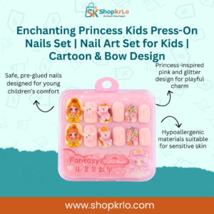 Front view of kids press-on nails set with cartoon and bow designs