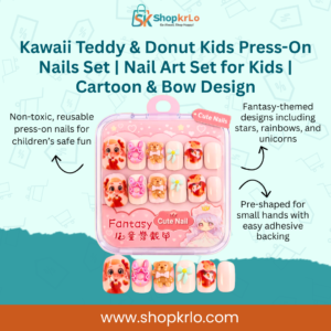 Front view of kawaii teddy and donut kids press-on nails set