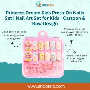 Princess Dream Kids Press-On Nails Set with pastel bows and cartoons.