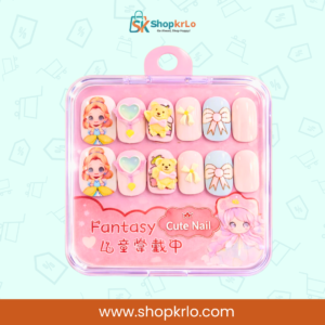 Close-up of cartoon, heart, and bow nail designs for kids.