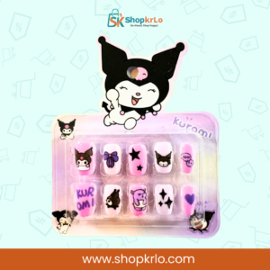 Close-up of Kuromi kawaii nail art for girls, glossy cute designs