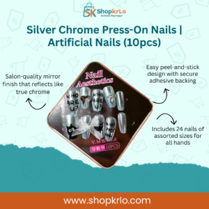 Silver chrome press-on nails set showing mirror shine metallic finish