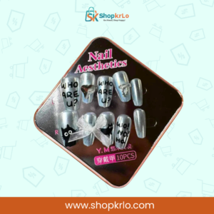 Close-up of artificial nails with glossy silver chrome reflective coating
