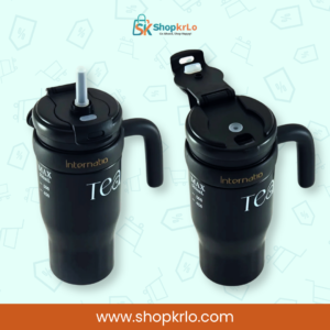 Insulated tumbler shown with open lid, straw, handle and drinking opening