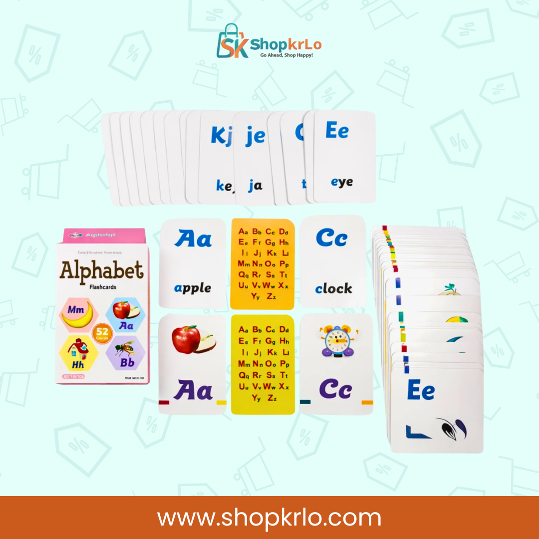 Complete alphabet learning card set arranged with letters, pictures and words