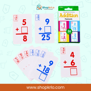 Red and blue addition cards arranged beside colourful retail packaging