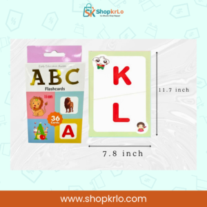 ABC Learning Cards For Kids size guide displayed beside the thirty-six-card package