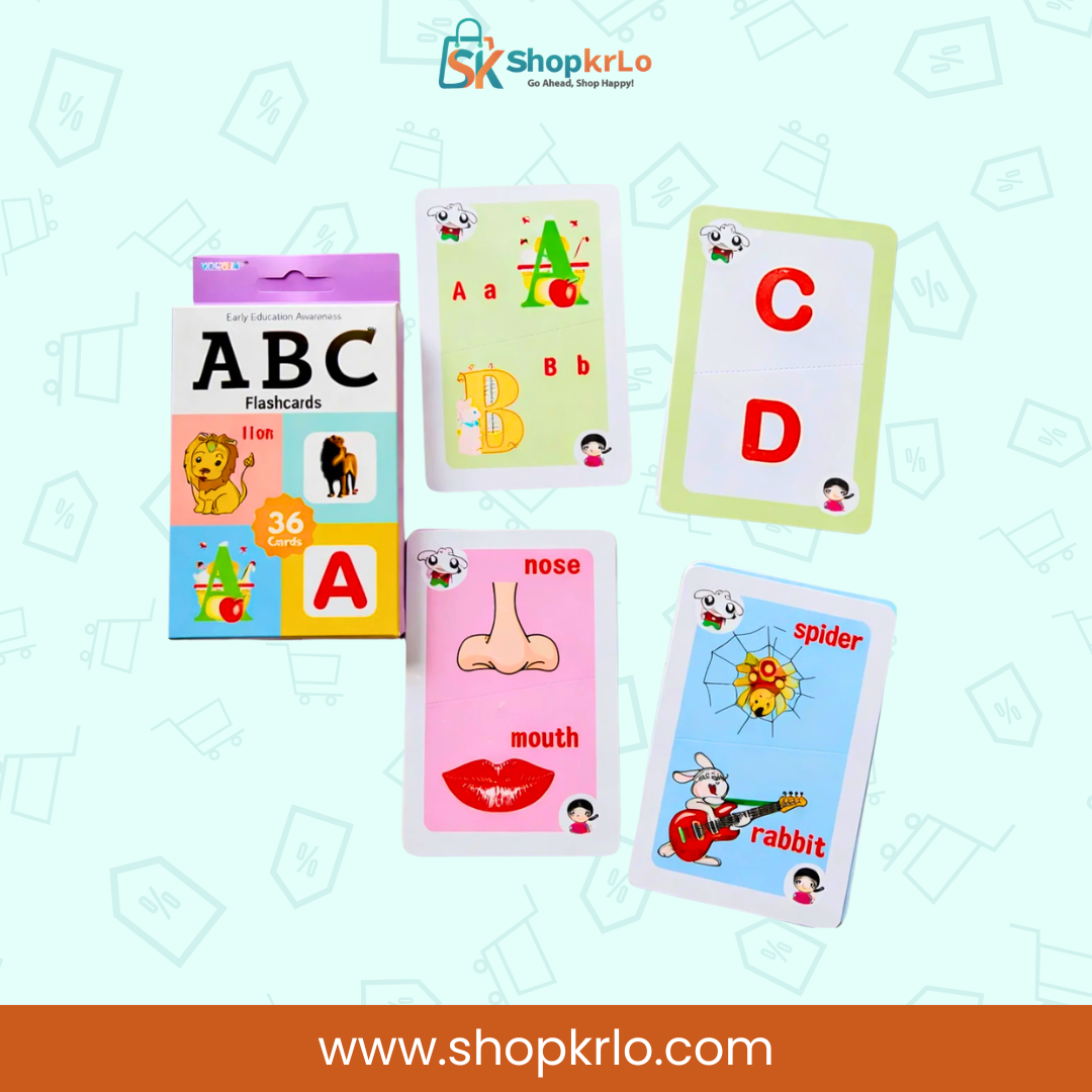 ABC Learning Cards For Kids displaying nose, mouth, spider and rabbit picture vocabulary